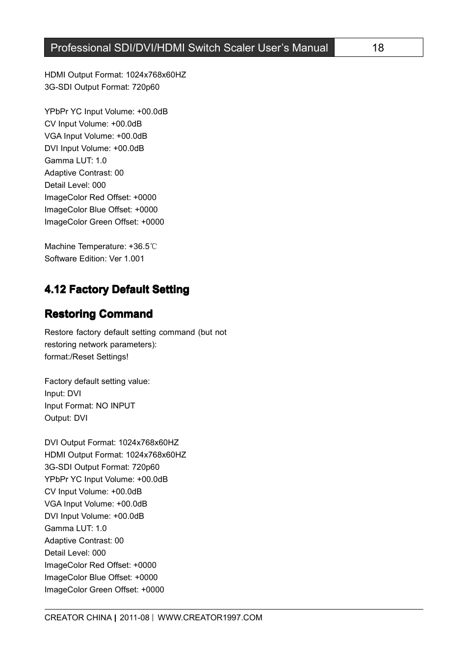 12factorydefaultsettingrestoringcommand, Factory default setting restoring command | CREATOR SC-390 User Manual | Page 25 / 30