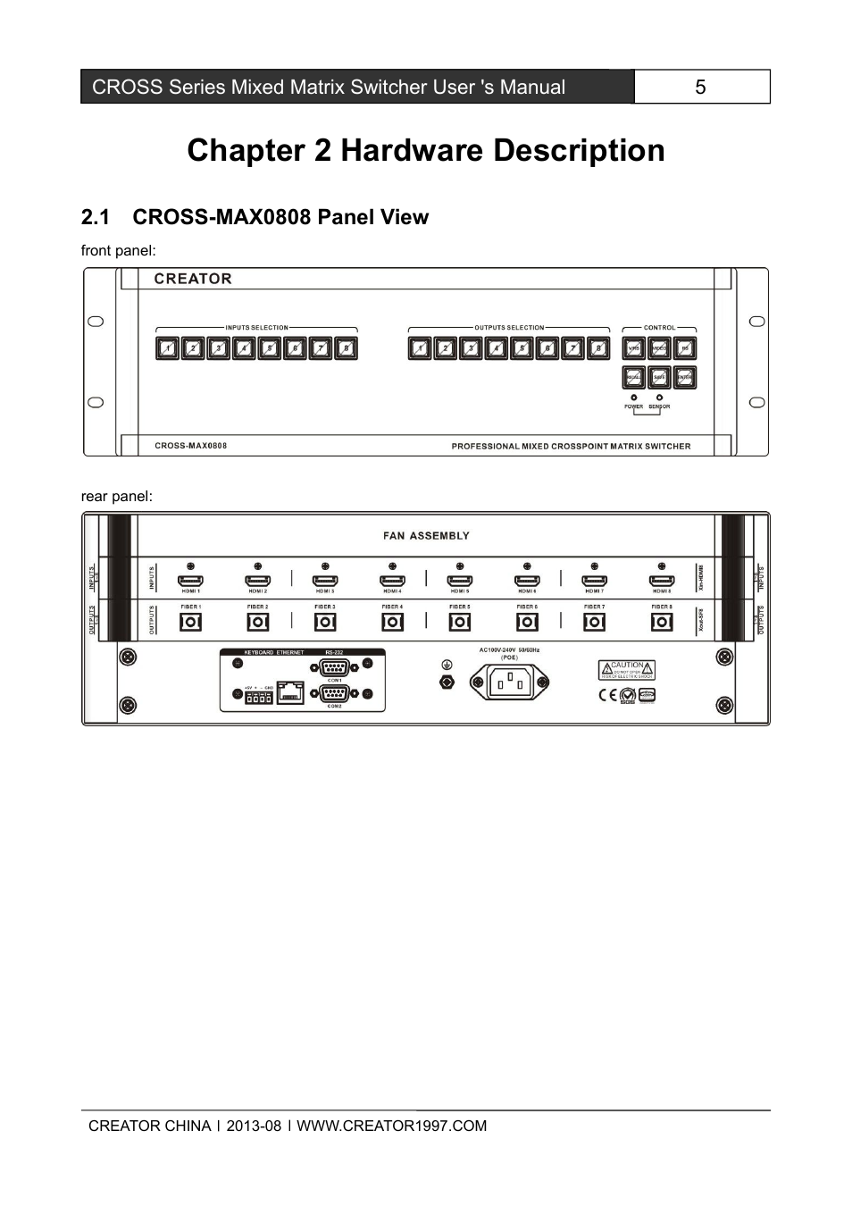 Chapter2hardwaredescription, 1cross-max0808panelview, Chapter 2 hardware description | CREATOR CROSS Series User Manual | Page 11 / 51