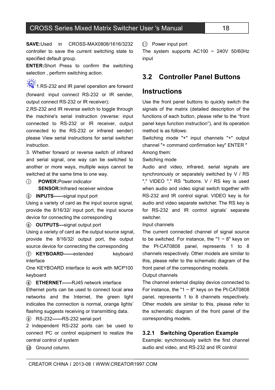 2controllerpanelbuttonsinstructions, 1switchingoperationexample, 2 controller panel buttons instructions | Cross series mixed matrix switcher user 's manual | CREATOR CROSS Series User Manual | Page 24 / 51