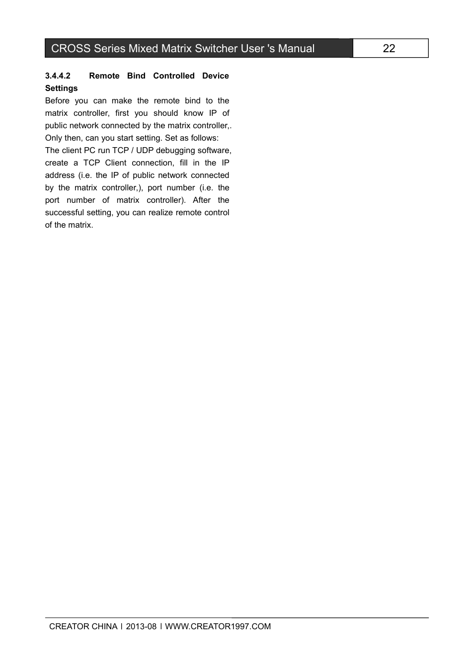 2remotebindcontrolleddevicesettings, Cross series mixed matrix switcher user 's manual | CREATOR CROSS Series User Manual | Page 28 / 51