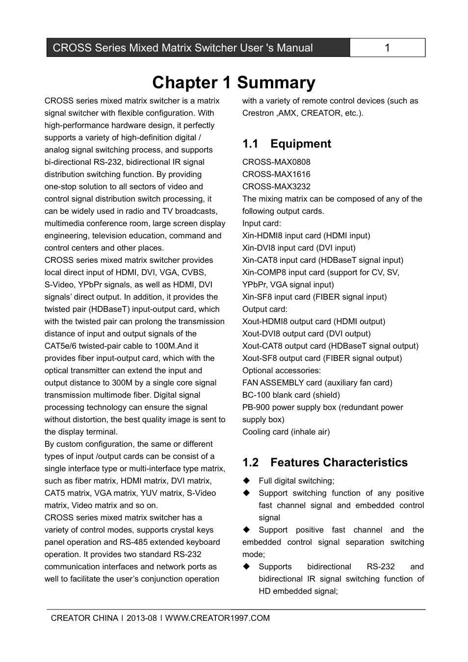 Chapter1summary, 1equipment, 2featurescharacteristics | Chapter 1 summary, 1 equipment, 2 features characteristics | CREATOR CROSS Series User Manual | Page 7 / 51