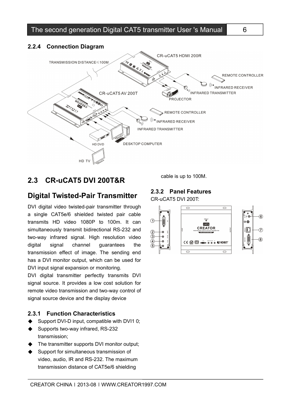 4connectiondiagram, 3cr-ucat5dvi200t&rdigitaltwisted-pairtran, 1functioncharacteristics | 2panelfeatures | CREATOR CAT5 User Manual | Page 12 / 31