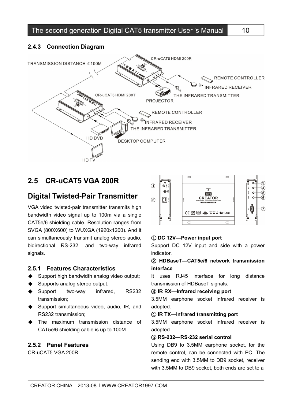 3connectiondiagram, 5cr-ucat5vga200rdigitaltwisted-pairtransm, 1featurescharacteristics | 2panelfeatures | CREATOR CAT5 User Manual | Page 16 / 31