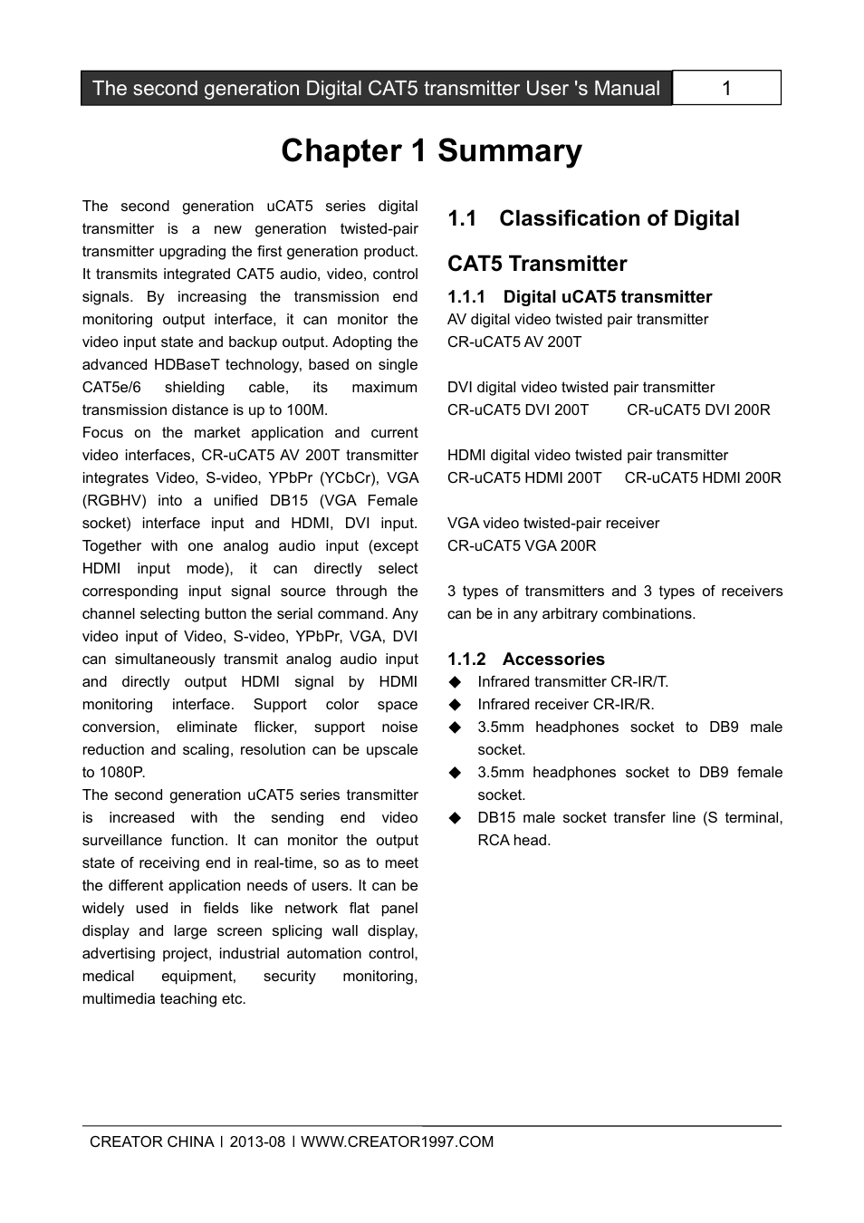 Chapter1summary, 1classificationofdigitalcat5transmitter, 1digitalucat5transmitter | 2accessories, Chapter 1 summary, 1 classification of digital cat5 transmitter | CREATOR CAT5 User Manual | Page 7 / 31