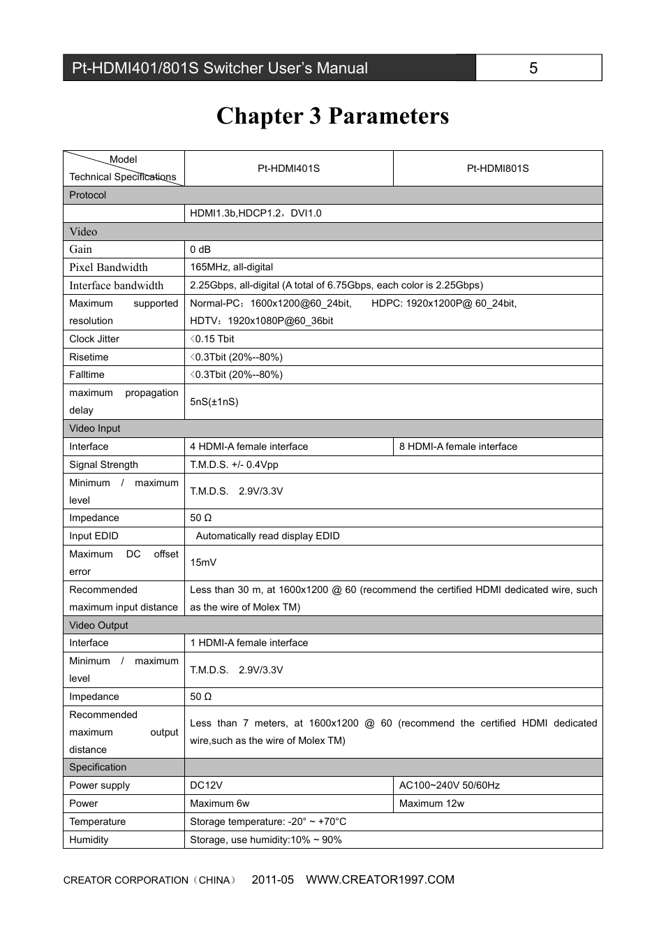 Chapter3parameters, Chapter 3 parameters | CREATOR Pt-HDMI401S User Manual | Page 11 / 16