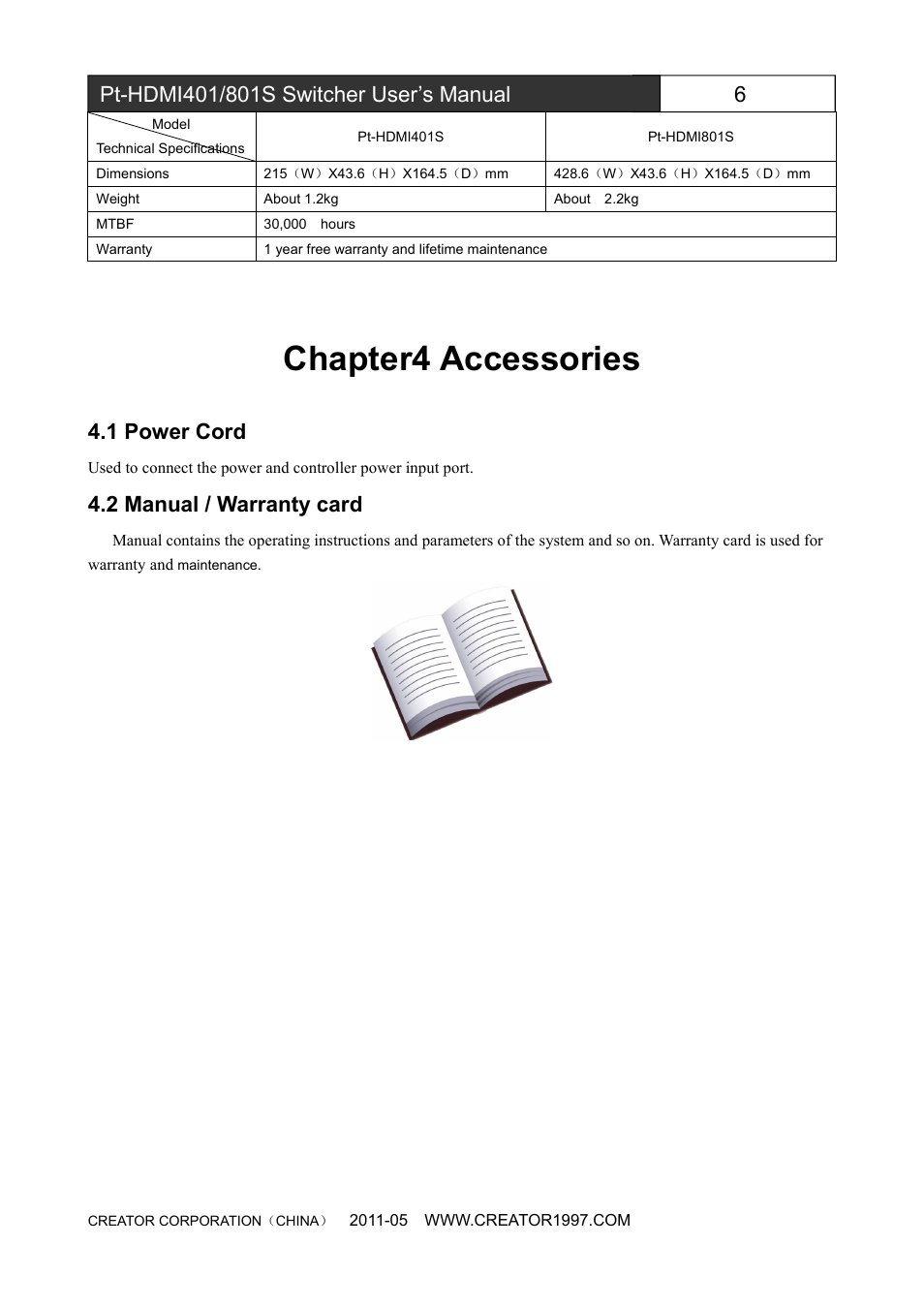 Chapter4accessories, 1powercord, 2manual/warrantycard | Chapter4 accessories, 1 power cord, 2 manual / warranty card | CREATOR Pt-HDMI401S User Manual | Page 12 / 16