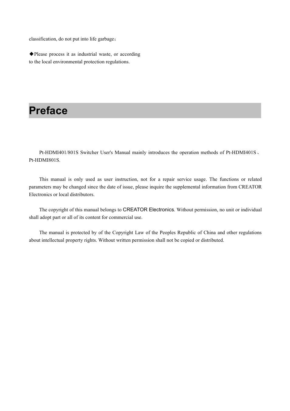 Preface | CREATOR Pt-HDMI401S User Manual | Page 4 / 16