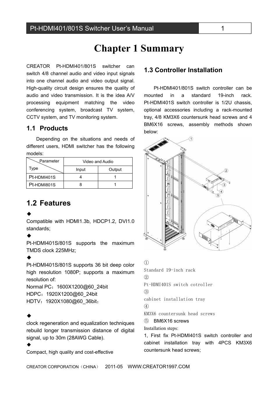 Chapter1summary, Products, Features | 3controllerinstallation, Chapter 1 summary, 2 features, 1 products, 3 controller installation | CREATOR Pt-HDMI401S User Manual | Page 6 / 16