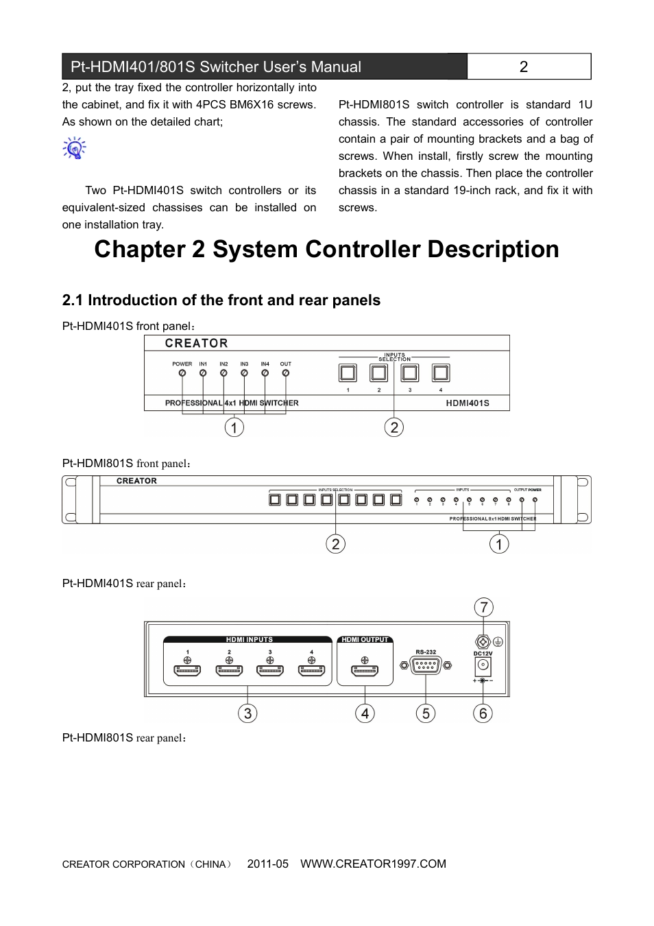 Chapter2systemcontrollerdescription, 1introductionofthefrontandrearpanels, Chapter 2 system controller description | 1 introduction of the front and rear panels | CREATOR Pt-HDMI401S User Manual | Page 7 / 16