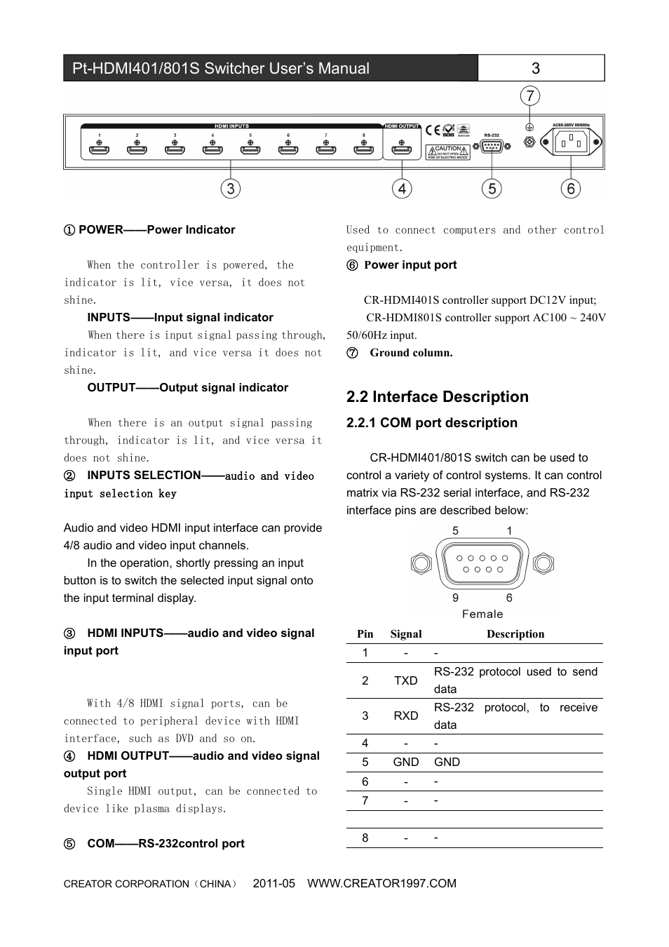 2interfacedescription, 1comportdescription, 2 interface description | CREATOR Pt-HDMI401S User Manual | Page 8 / 16