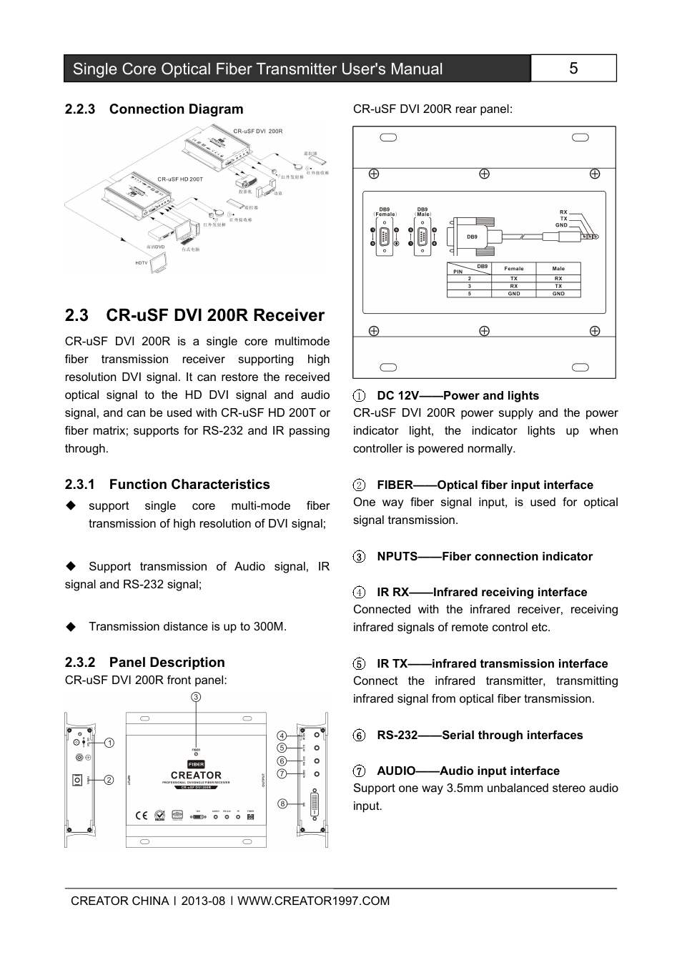 3connectiondiagram, 3cr-usfdvi200rreceiver, 1functioncharacteristics | 2paneldescription, 3 cr-usf dvi 200r receiver | CREATOR Single Core Optical Fiber Transmitter User Manual | Page 10 / 27