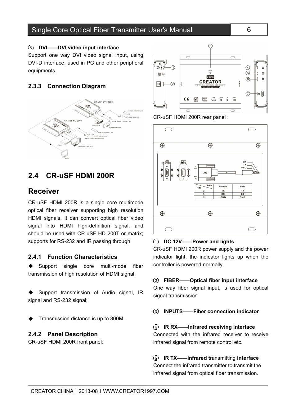 3connectiondiagram, 4cr-usfhdmi200rreceiver, 1functioncharacteristics | 2paneldescription, 4 cr-usf hdmi 200r receiver | CREATOR Single Core Optical Fiber Transmitter User Manual | Page 11 / 27