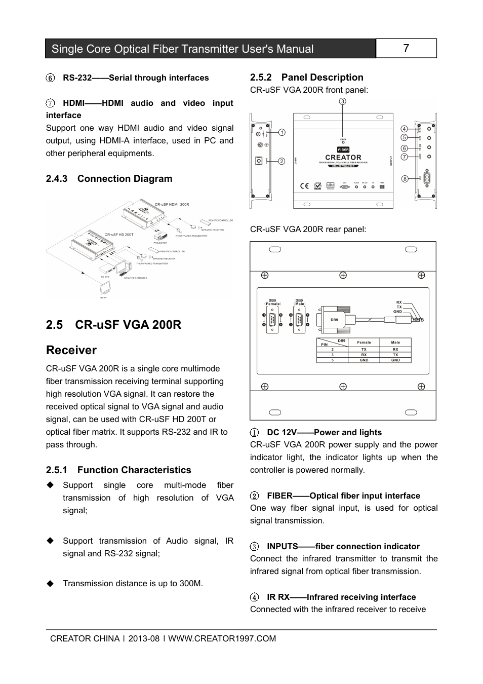 3connectiondiagram, 5cr-usfvga200rreceiver, 1functioncharacteristics | 2paneldescription, 5 cr-usf vga 200r receiver | CREATOR Single Core Optical Fiber Transmitter User Manual | Page 12 / 27