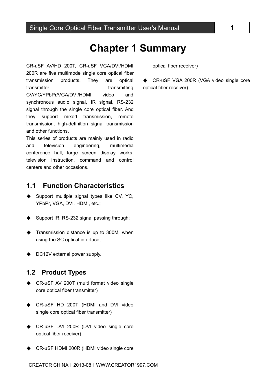 Chapter1summary, 1functioncharacteristics, 2producttypes | Chapter 1 summary, 1 function characteristics, 2 product types | CREATOR Single Core Optical Fiber Transmitter User Manual | Page 6 / 27