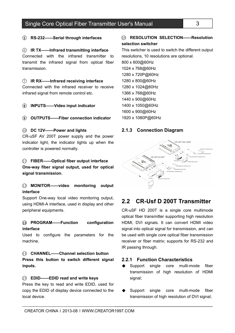 3connectiondiagram, 2cr-usfd200ttransmitter, 1functioncharacteristics | 2 cr-usf d 200t transmitter | CREATOR Single Core Optical Fiber Transmitter User Manual | Page 8 / 27