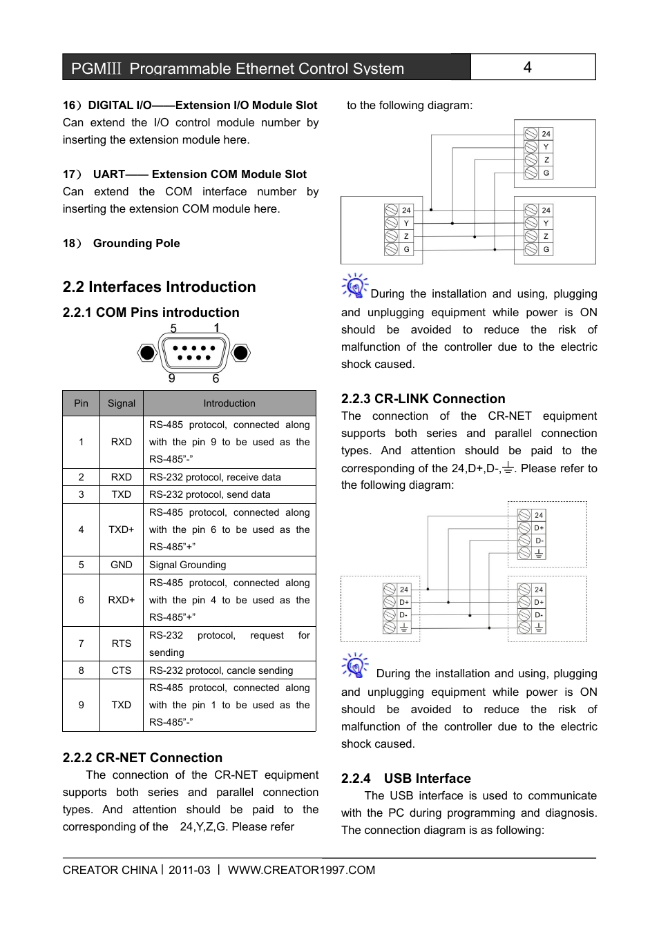 2interfacesintroduction, 1compinsintroduction, 2cr-netconnection | 3cr-linkconnection, 4usbinterface, 4pgmⅢ programmable ethernet control system, 2 interfaces introduction, 1 com pins introduction, 2 cr-net connection, 3 cr-link connection | CREATOR CR-PGMIII User Manual | Page 11 / 57