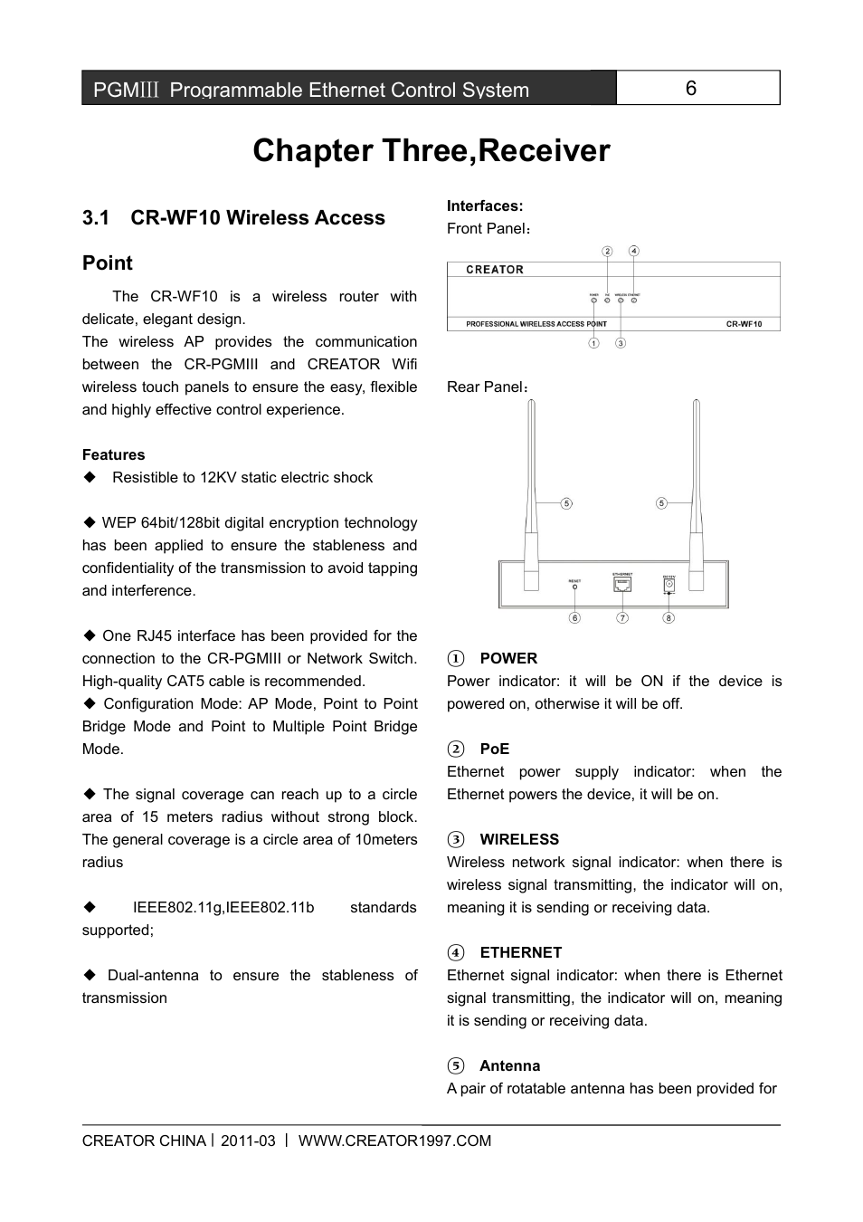 Chapterthree,receiver, 1cr-wf10wirelessaccesspoint, Chapter three,receiver | 6pgmⅢ programmable ethernet control system, 1 cr-wf10 wireless access point | CREATOR CR-PGMIII User Manual | Page 13 / 57