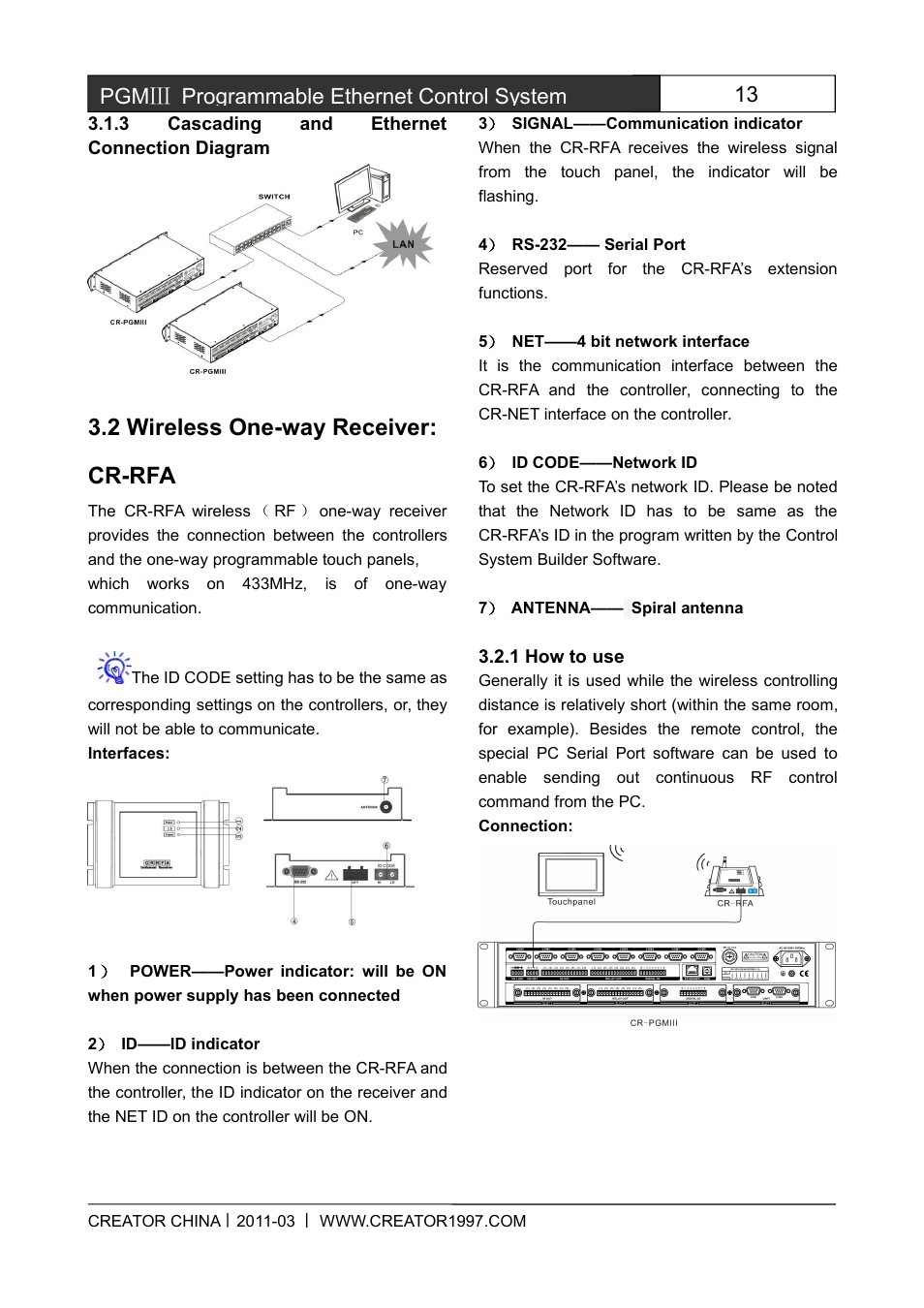 3cascadingandethernetconnectiondiagram, 2wirelessone-wayreceiver:cr-rfa, 1howtouse | 2 wireless one-way receiver: cr-rfa, 13 pgmⅢ programmable ethernet control system | CREATOR CR-PGMIII User Manual | Page 20 / 57