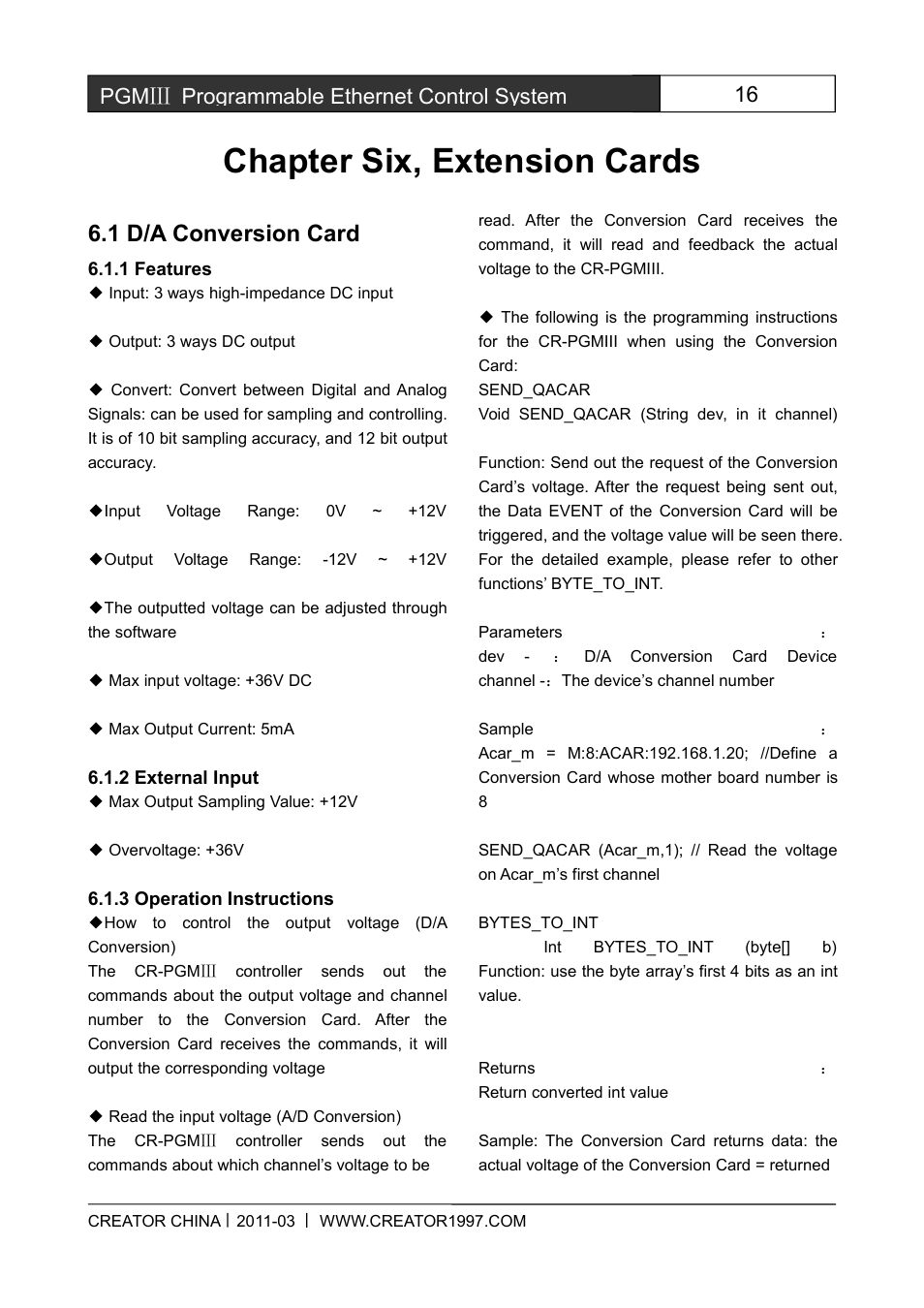 Chaptersix,extensioncards, 1d/aconversioncard, 1features | 2externalinput, 3operationinstructions, Chapter six, extension cards, 1 d/a conversion card, 16 pgmⅢ programmable ethernet control system | CREATOR CR-PGMIII User Manual | Page 23 / 57