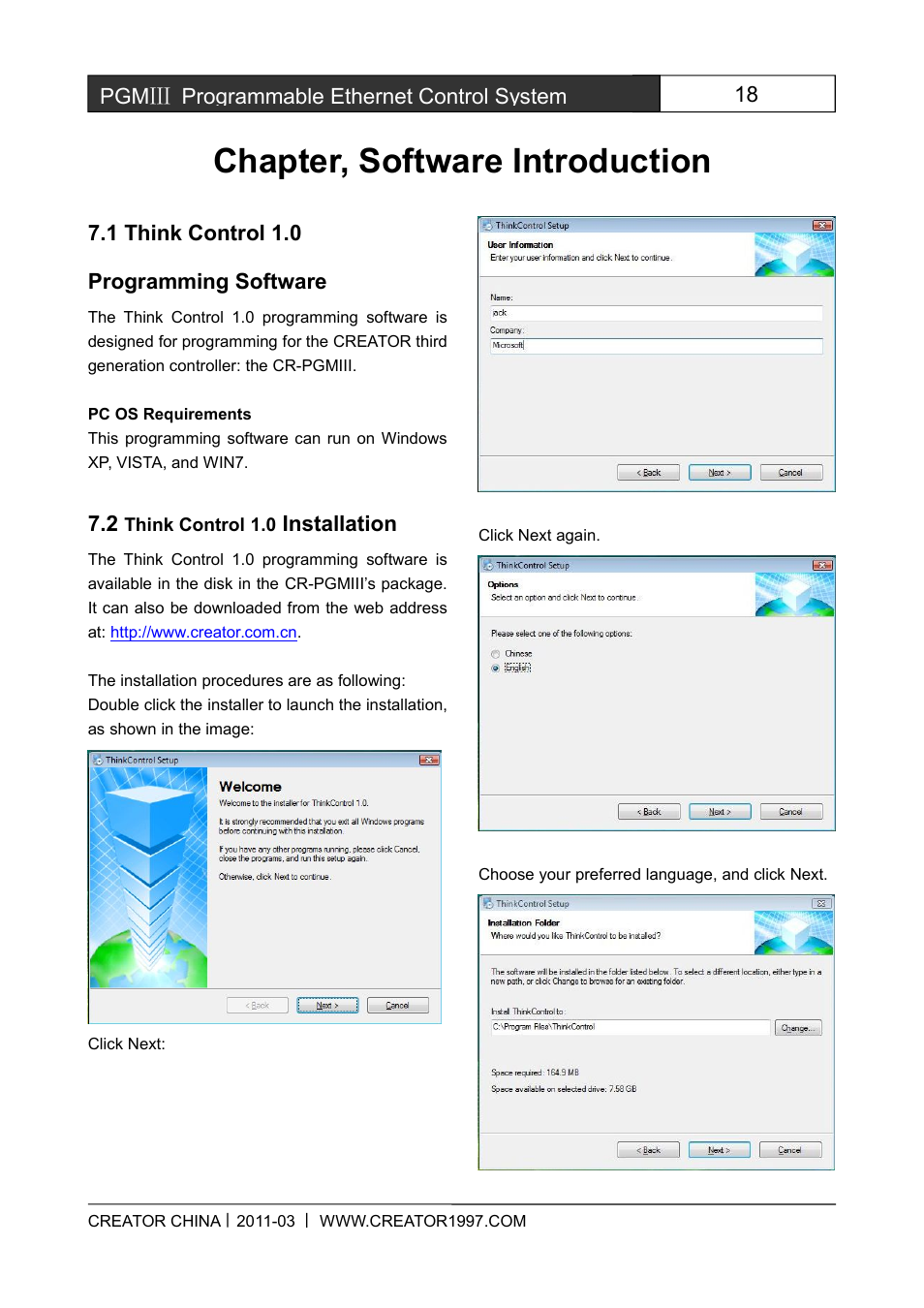 Chapter,softwareintroduction, 1thinkcontrol1.0programmingsoftware, 2thinkcontrol1.0installation | Chapter, software introduction | CREATOR CR-PGMIII User Manual | Page 25 / 57