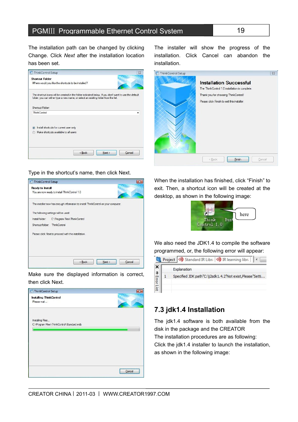 3jdk1.4installation, 19 pgmⅢ programmable ethernet control system, 3 jdk1.4 installation | CREATOR CR-PGMIII User Manual | Page 26 / 57