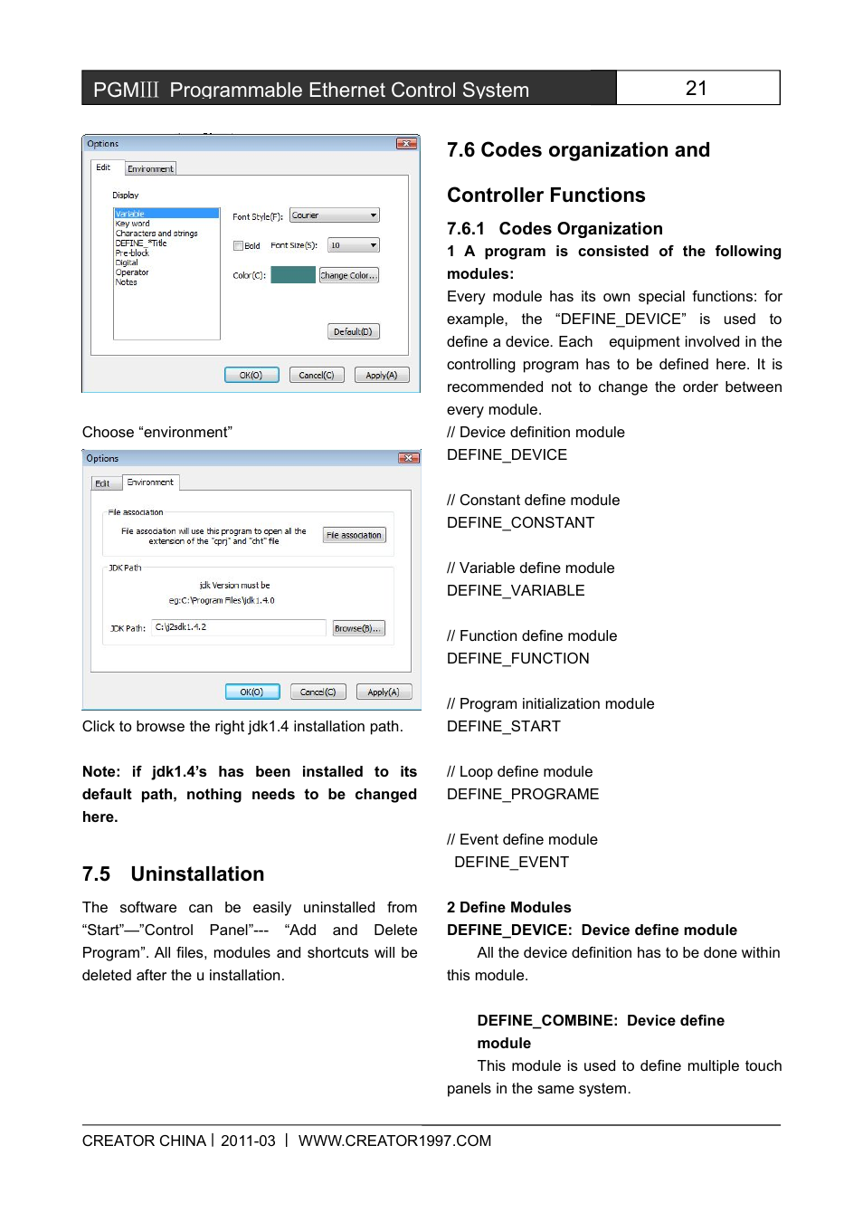 5uninstallation, 6codesorganizationandcontrollerfunctions, Codesorganization | 21 pgmⅢ programmable ethernet control system, 5 uninstallation, 6 codes organization and controller functions | CREATOR CR-PGMIII User Manual | Page 28 / 57