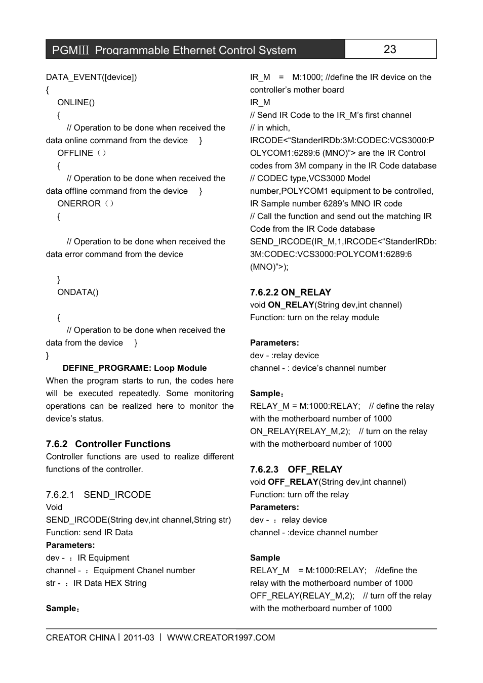 Controllerfunctions, 2on_relay, 3off_relay | 23 pgmⅢ programmable ethernet control system | CREATOR CR-PGMIII User Manual | Page 30 / 57