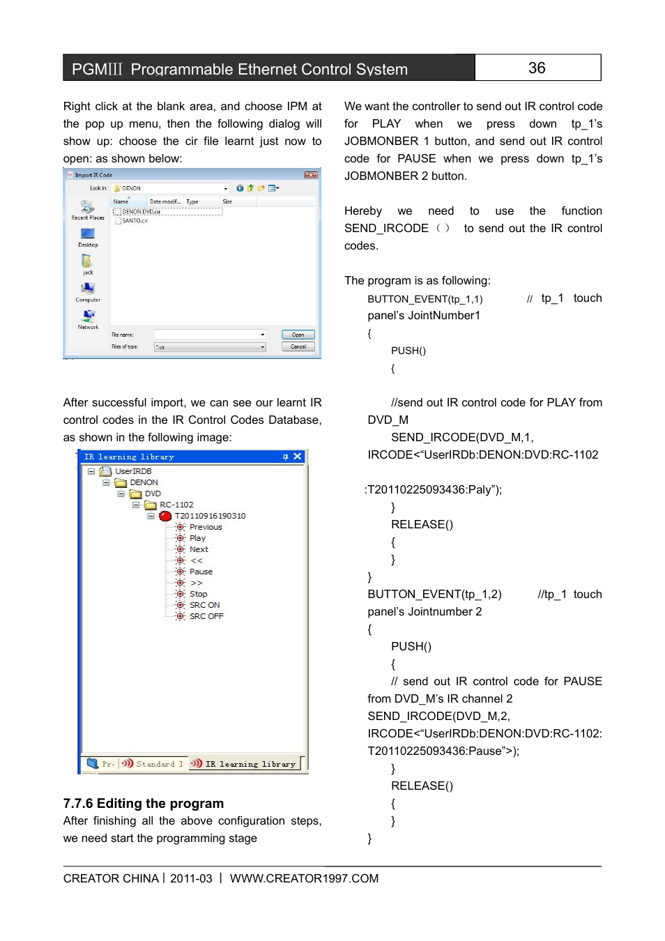 6editingtheprogram, 36 pgmⅢ programmable ethernet control system | CREATOR CR-PGMIII User Manual | Page 43 / 57