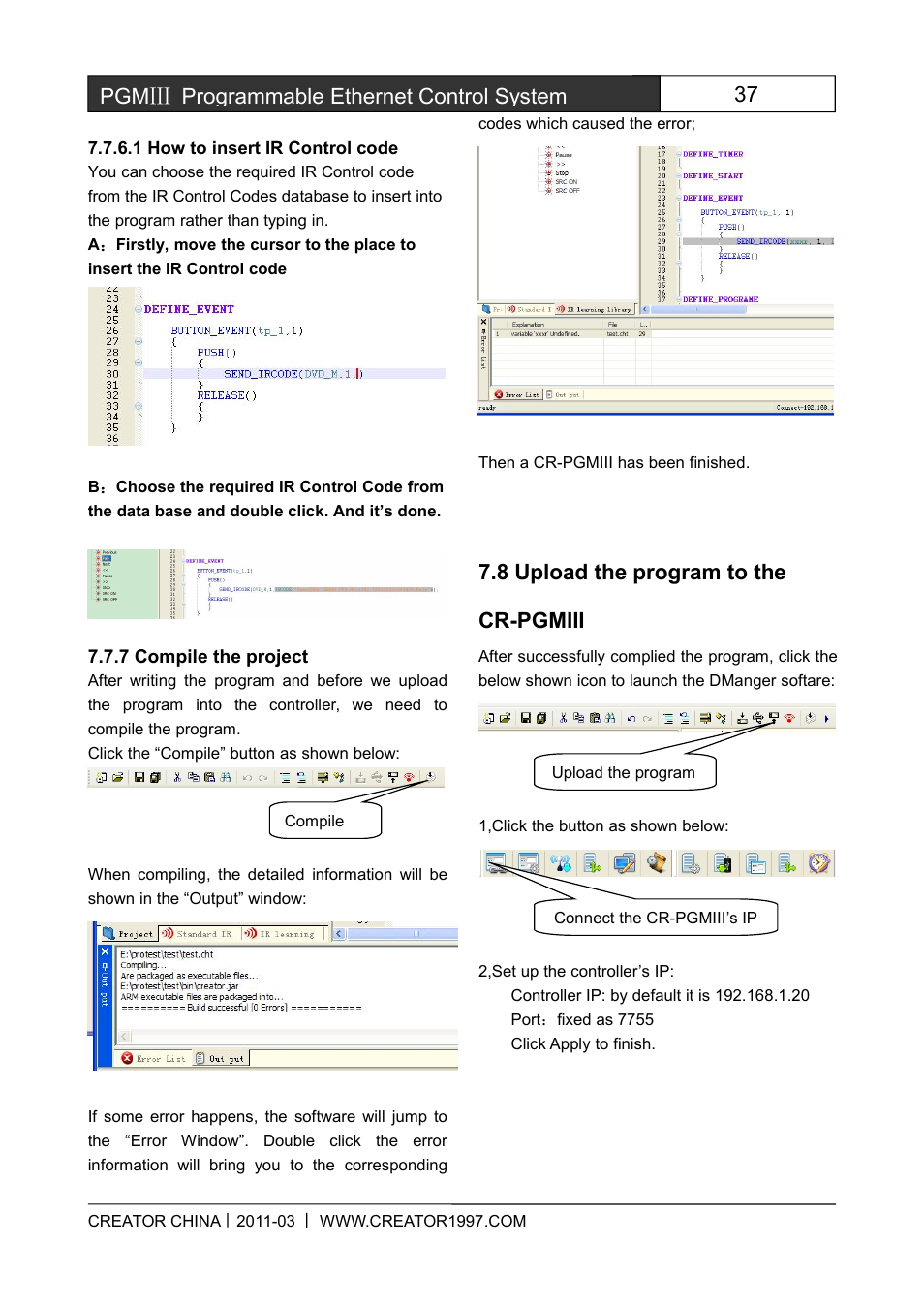 1howtoinsertircontrolcode, 7compiletheproject, 8uploadtheprogramtothecr-pgmiii | 37 pgmⅢ programmable ethernet control system, 8 upload the program to the cr-pgmiii | CREATOR CR-PGMIII User Manual | Page 44 / 57