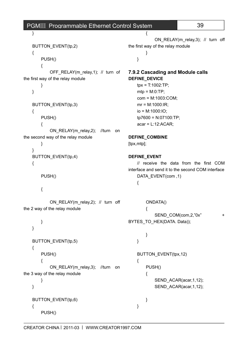 2cascadingandmodulecalls, 39 pgmⅢ programmable ethernet control system | CREATOR CR-PGMIII User Manual | Page 46 / 57