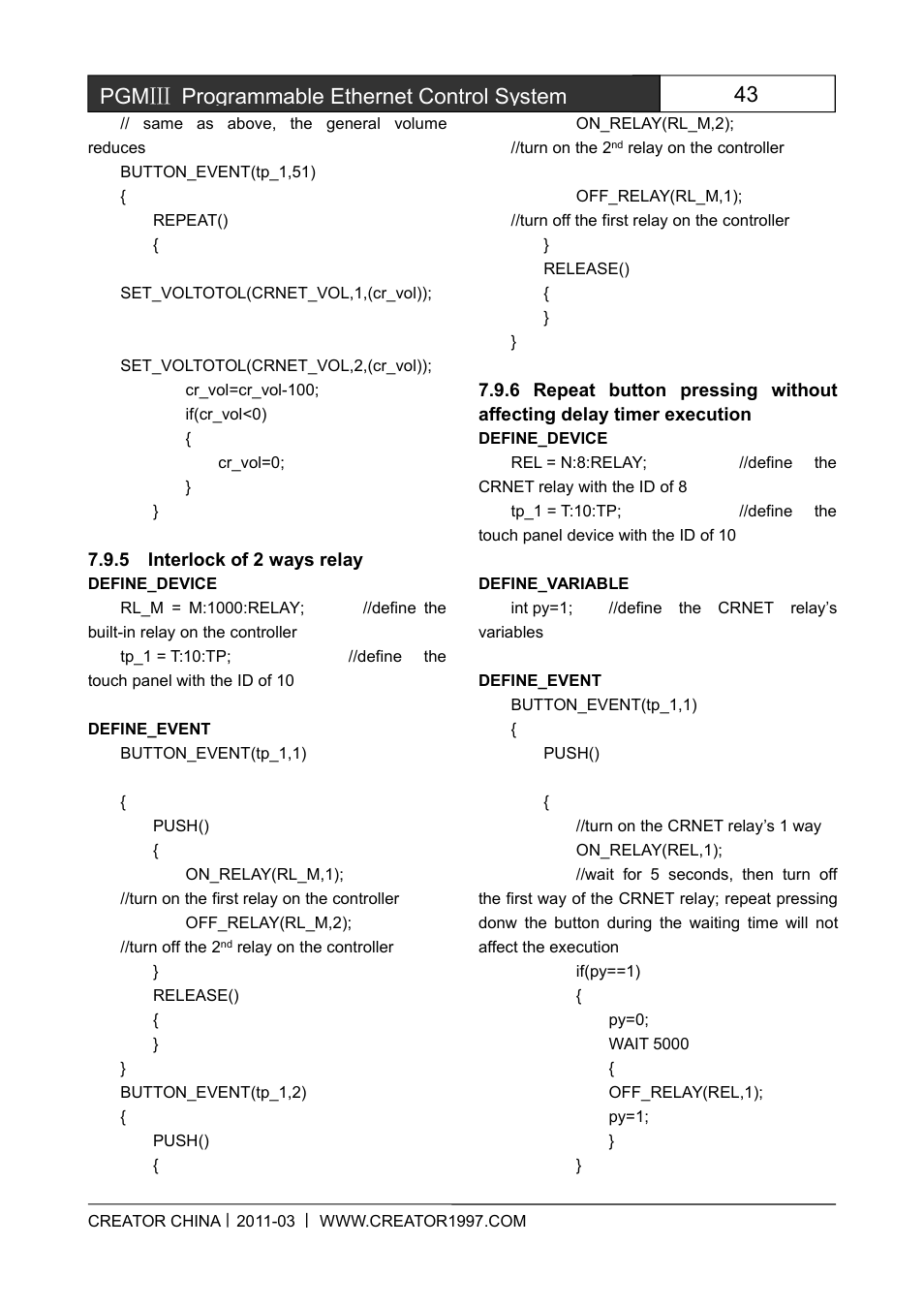 5interlockof2waysrelay, 6repeatbuttonpressingwithoutaffectingdel, 43 pgmⅢ programmable ethernet control system | CREATOR CR-PGMIII User Manual | Page 50 / 57