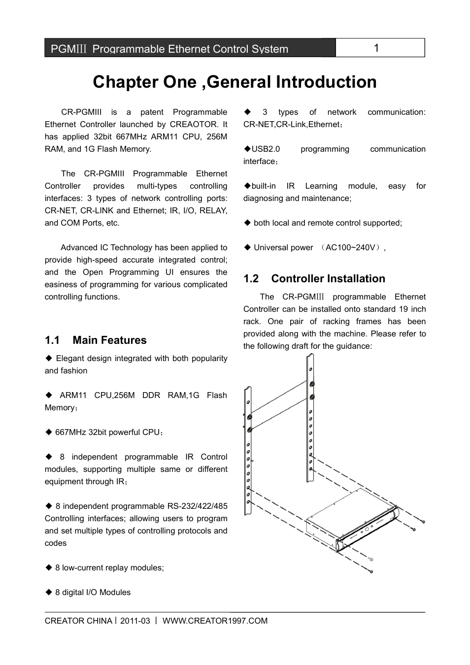 Chapterone,generalintroduction, Mainfeatures, Controllerinstallation | Chapter one ,general introduction, 1pgmⅢ programmable ethernet control system, 1 main features, 2 controller installation | CREATOR CR-PGMIII User Manual | Page 8 / 57