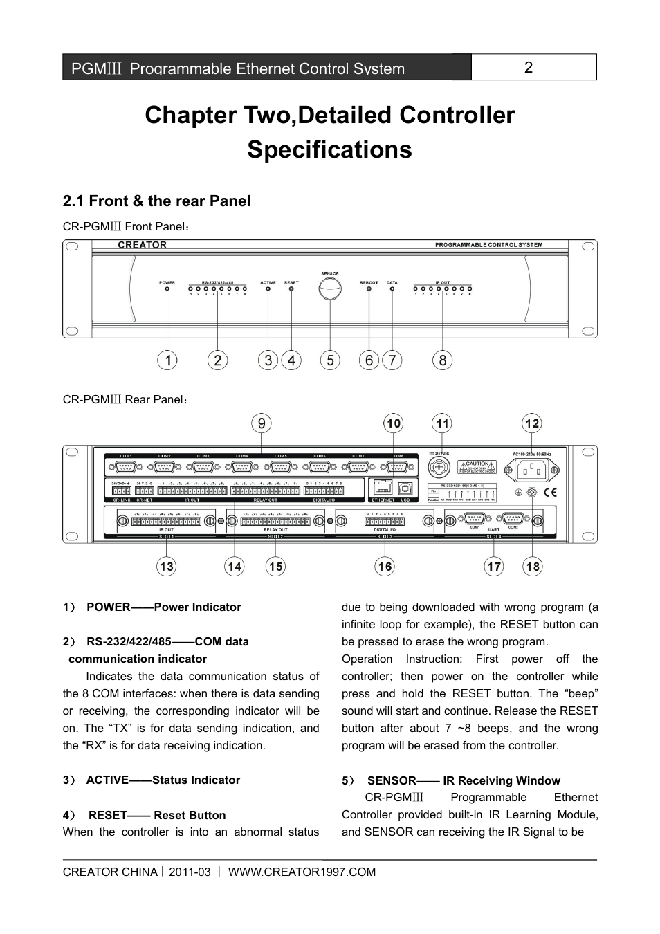 Chaptertwo,detailedcontrollerspecifications, 1front&therearpanel, Chapter two,detailed controller specifications | 2pgmⅢ programmable ethernet control system, 1 front & the rear panel | CREATOR CR-PGMIII User Manual | Page 9 / 57