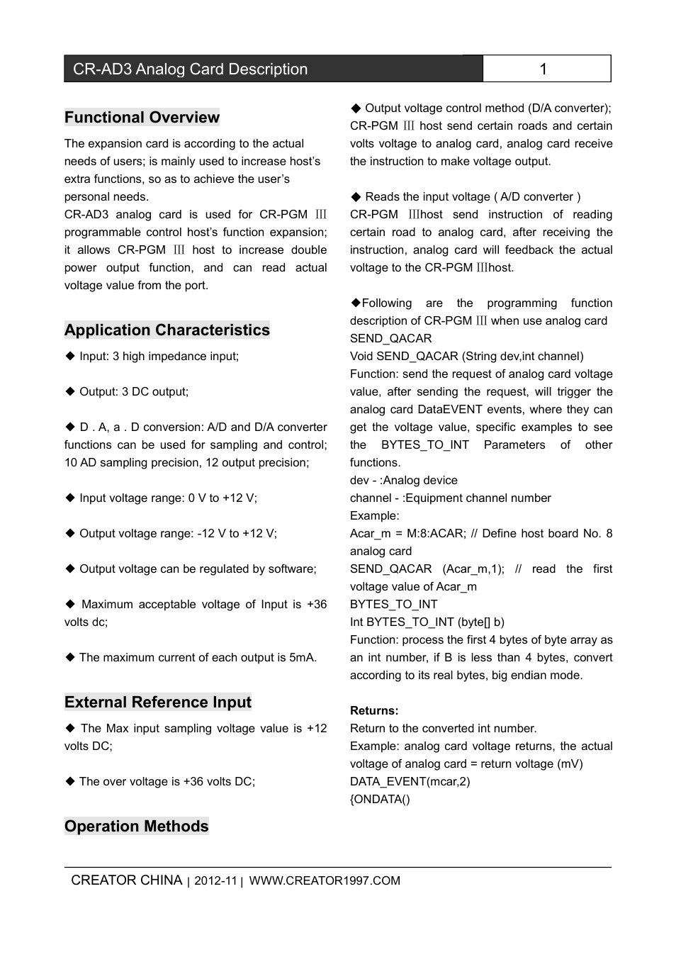 CREATOR CR-PGMIII Simulation card CR-AD3 User Manual | 2 pages