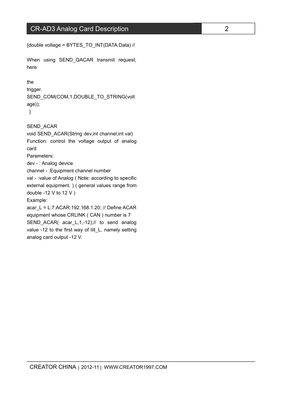 2cr-ad3 analog card description | CREATOR CR-PGMIII Simulation card CR-AD3 User Manual | Page 2 / 2
