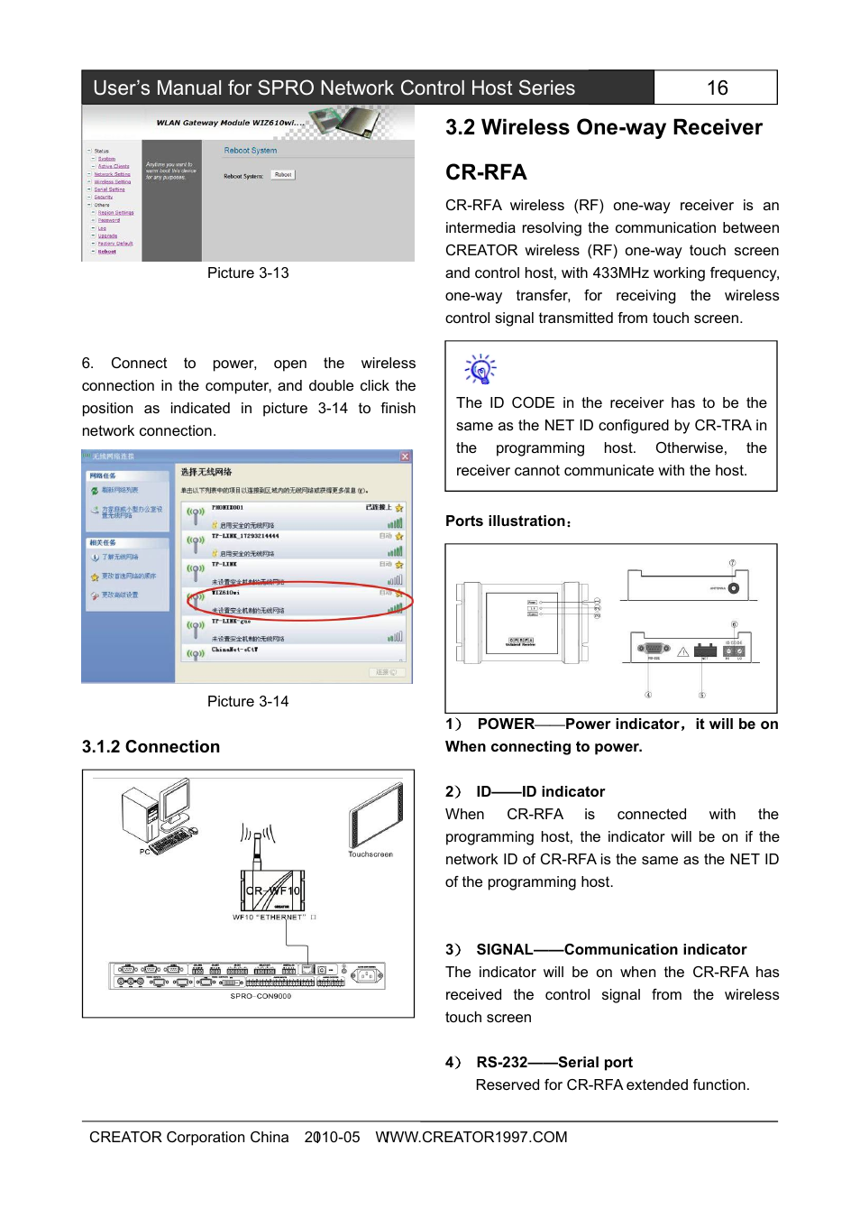 2connection, 2wirelessone-wayreceivercr-rfa, 2 wireless one-way receiver cr-rfa | CREATOR SPRO-CON9000 User Manual | Page 21 / 30