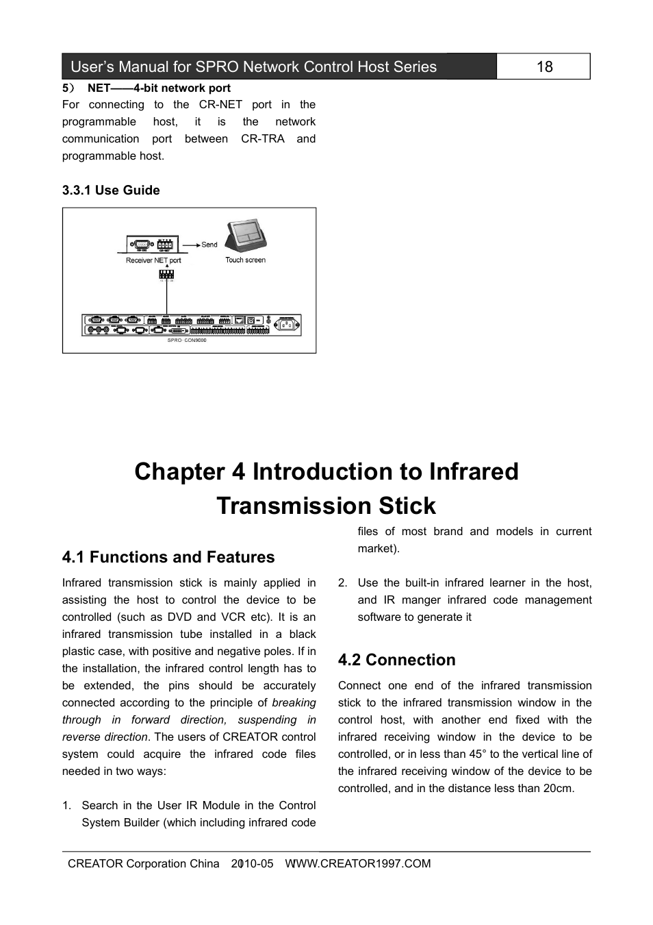 1useguide, Chapter4introductiontoinfraredtransmissions, 1functionsandfeatures | 2connection, 1 functions and features, 2 connection | CREATOR SPRO-CON9000 User Manual | Page 23 / 30