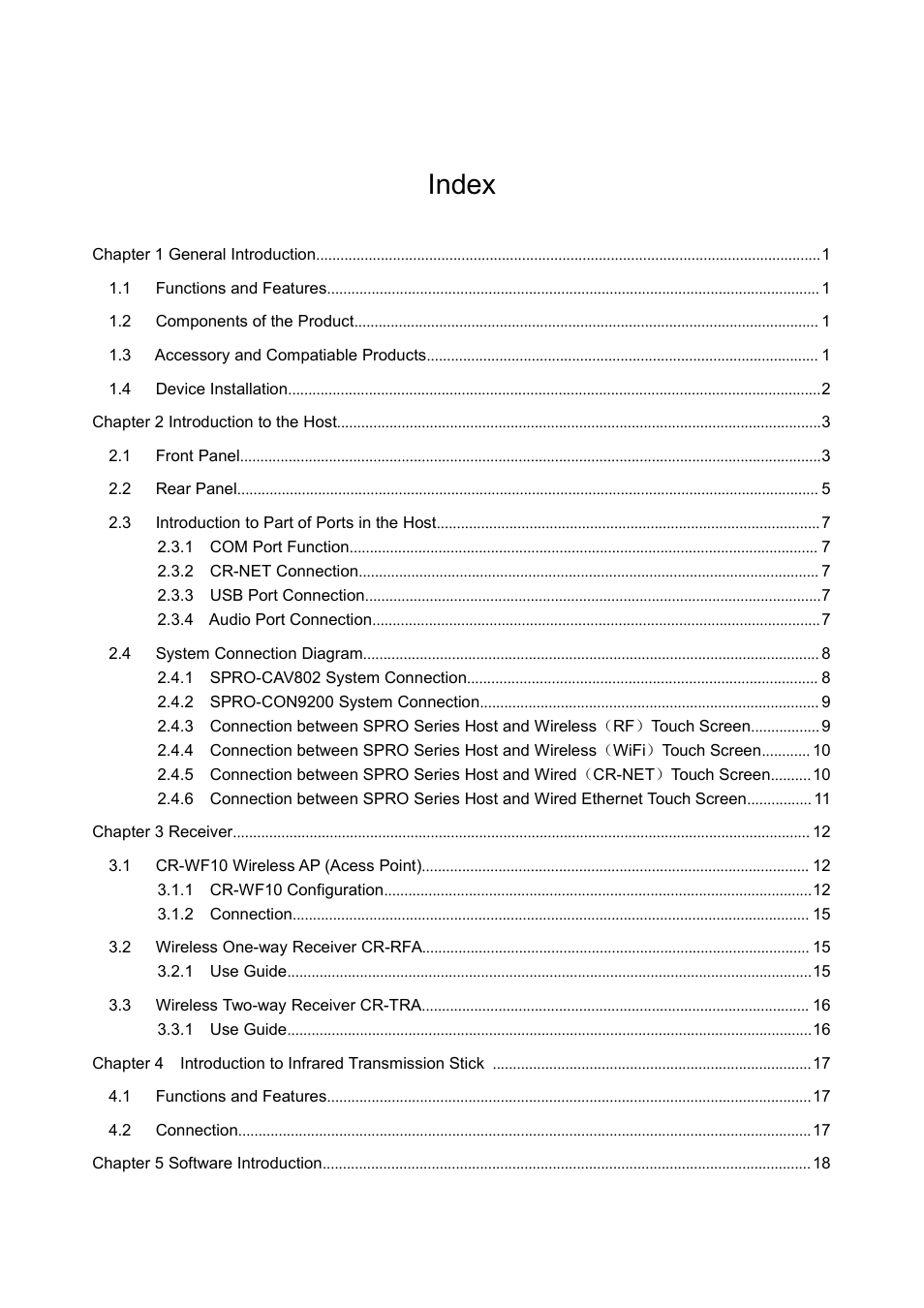 Index | CREATOR SPRO-CON9000 User Manual | Page 5 / 30