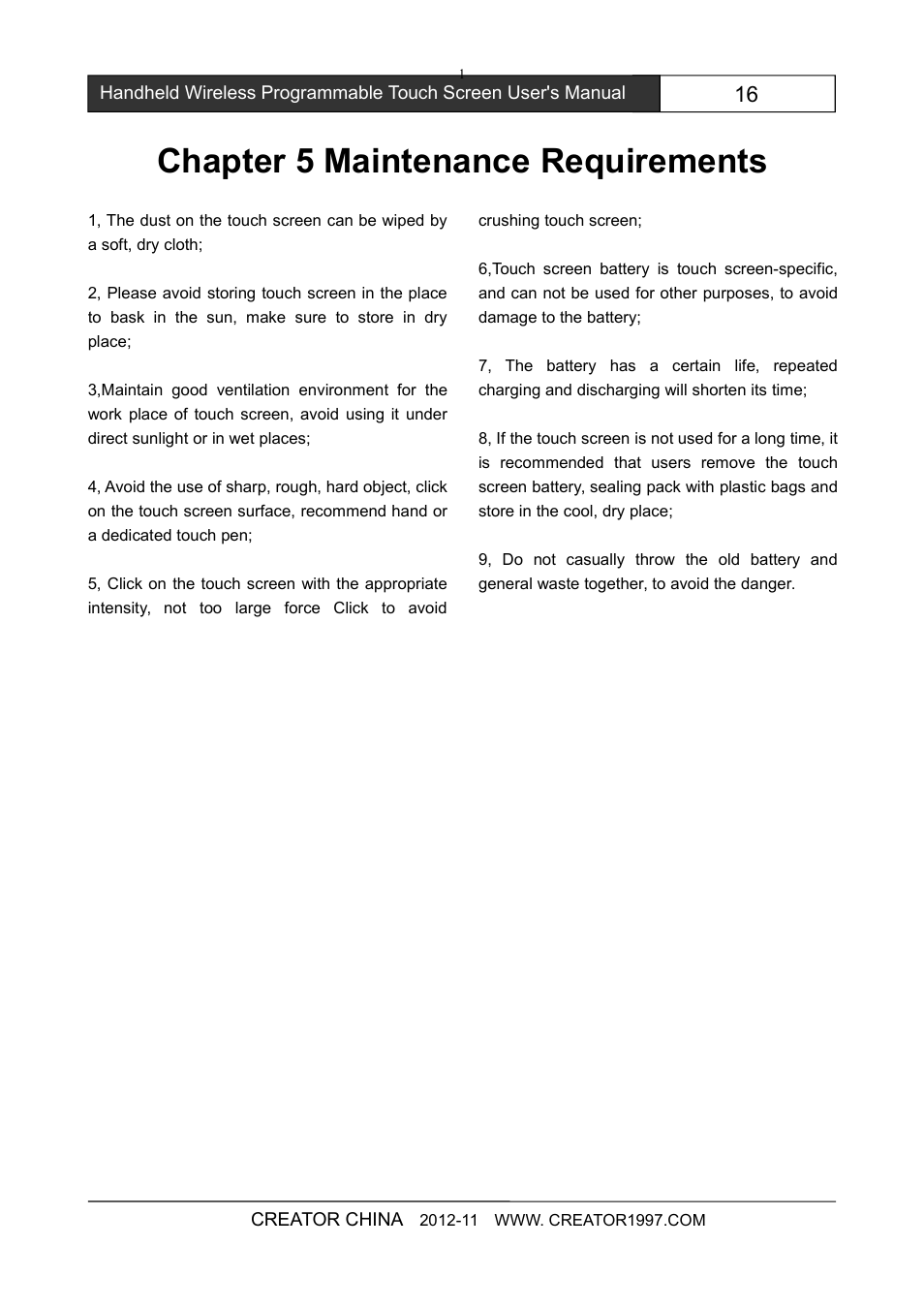 Chapter5maintenancerequirements, Chapter 5 maintenance requirements | CREATOR 8 inch touch screen CR-Wireless G7Cpip User Manual | Page 22 / 23