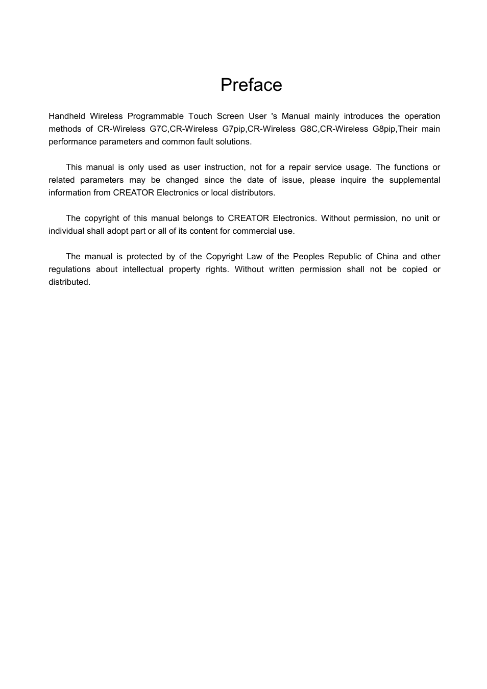 Preface | CREATOR 8 inch touch screen CR-Wireless G7Cpip User Manual | Page 5 / 23