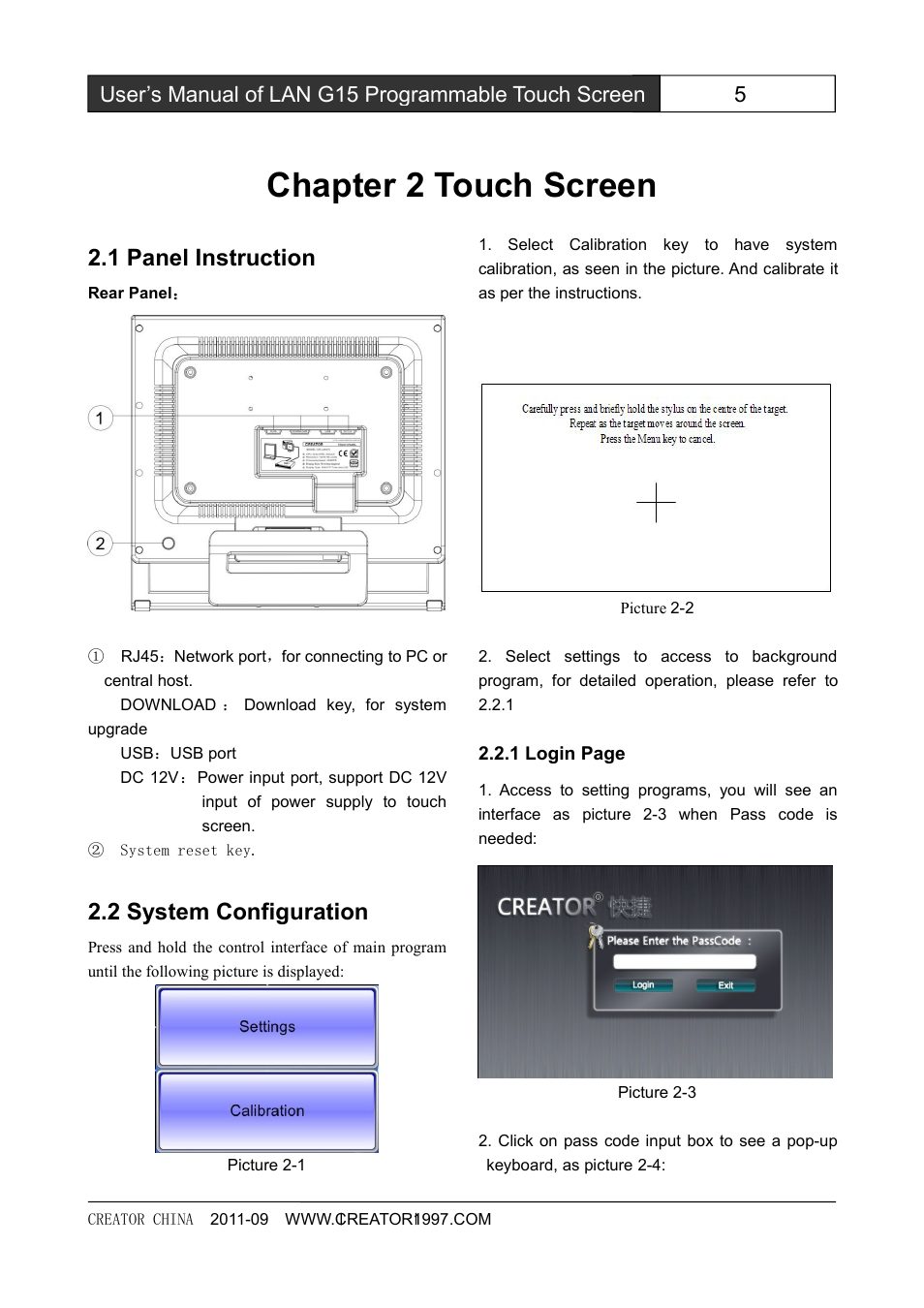 Chapter2touchscreen, 1panelinstruction, 2systemconfiguration | Chapter 2 touch screen, 1 panel instruction, 2 system configuration | CREATOR CR-LAN15 User Manual | Page 10 / 20