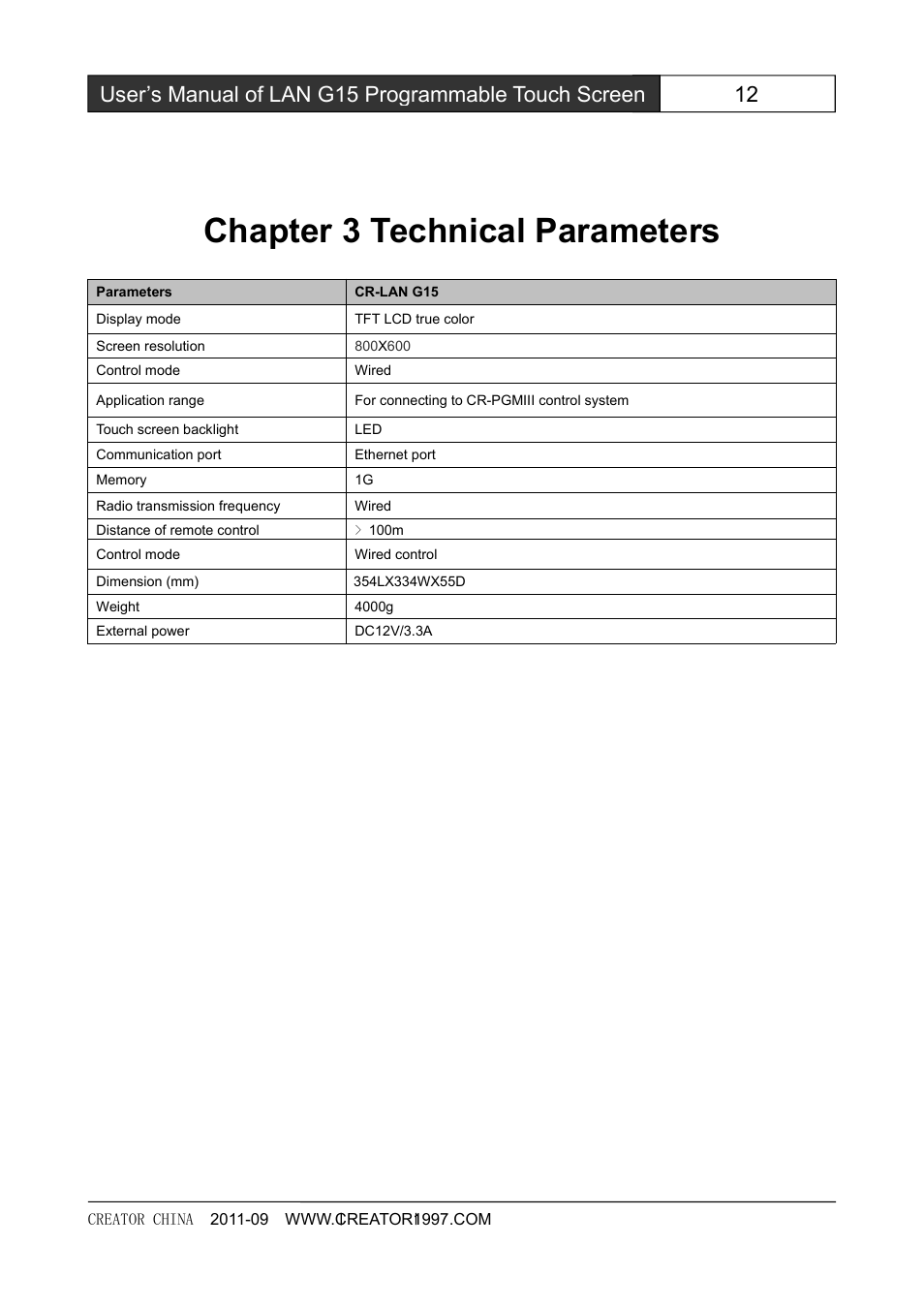 Chapter3technicalparameters, Chapter 3 technical parameters | CREATOR CR-LAN15 User Manual | Page 17 / 20