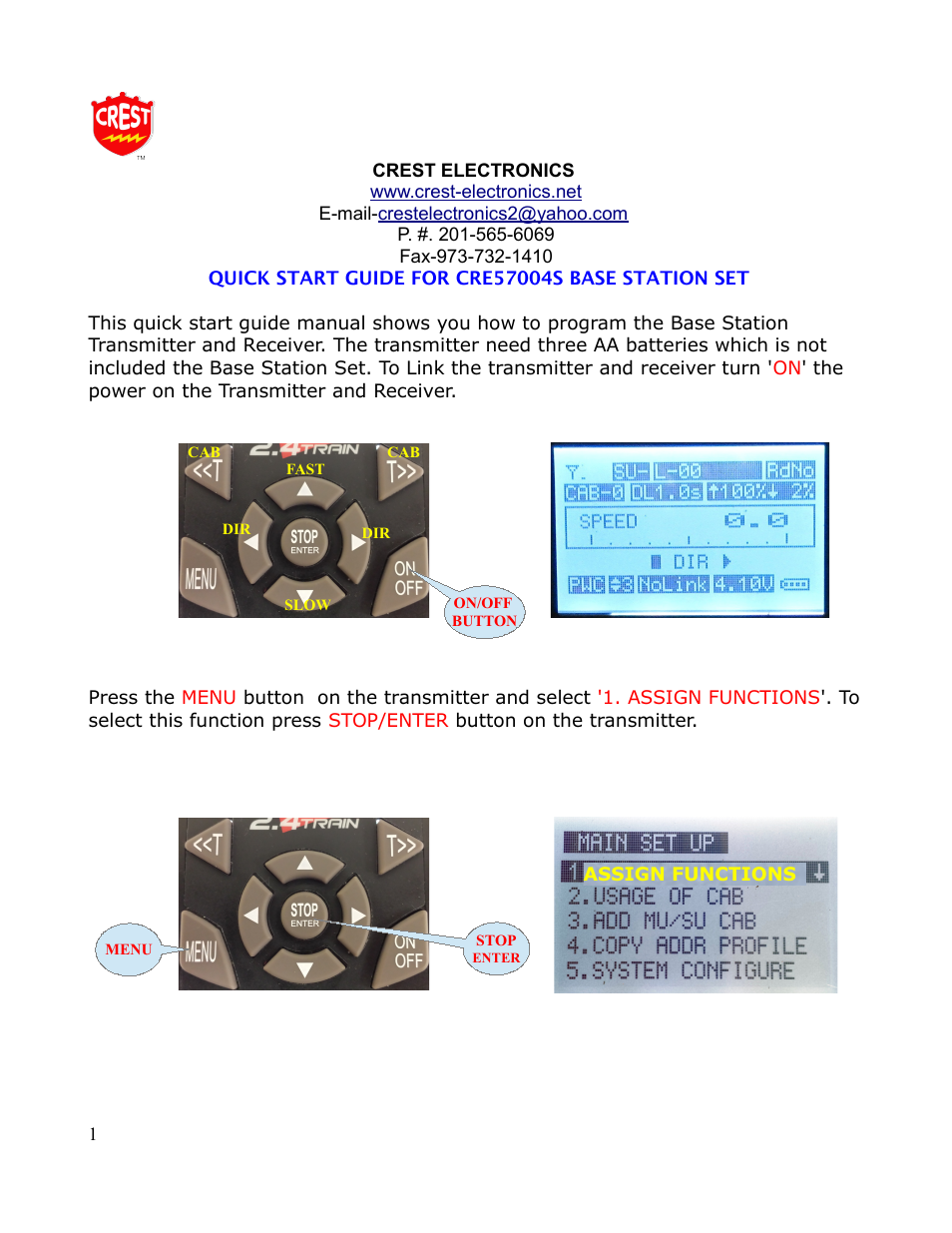 Crest Electronics CRE57004SD TRAIN ENGINEER BASE STATION SET User Manual | 4 pages