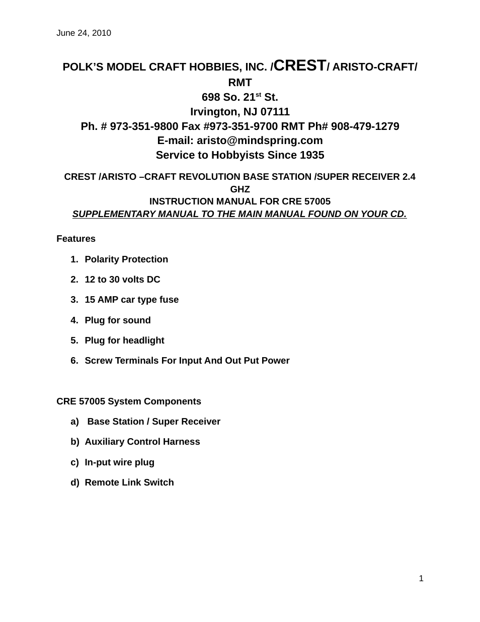 Crest Electronics CRE57005 REVOLUTION BASE STATION/SUPER RECEIVER 2.4 GHZ User Manual | 5 pages