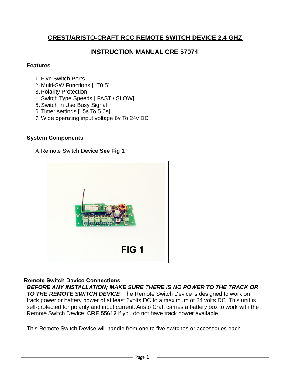 Crest Electronics CRE57074 RCC REMOTE SWITCH DEVICE 2.4 GHZ User Manual | 8 pages