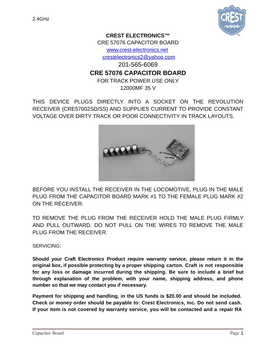 Crest Electronics CRE57076 CAPACITOR BOARD User Manual | 2 pages