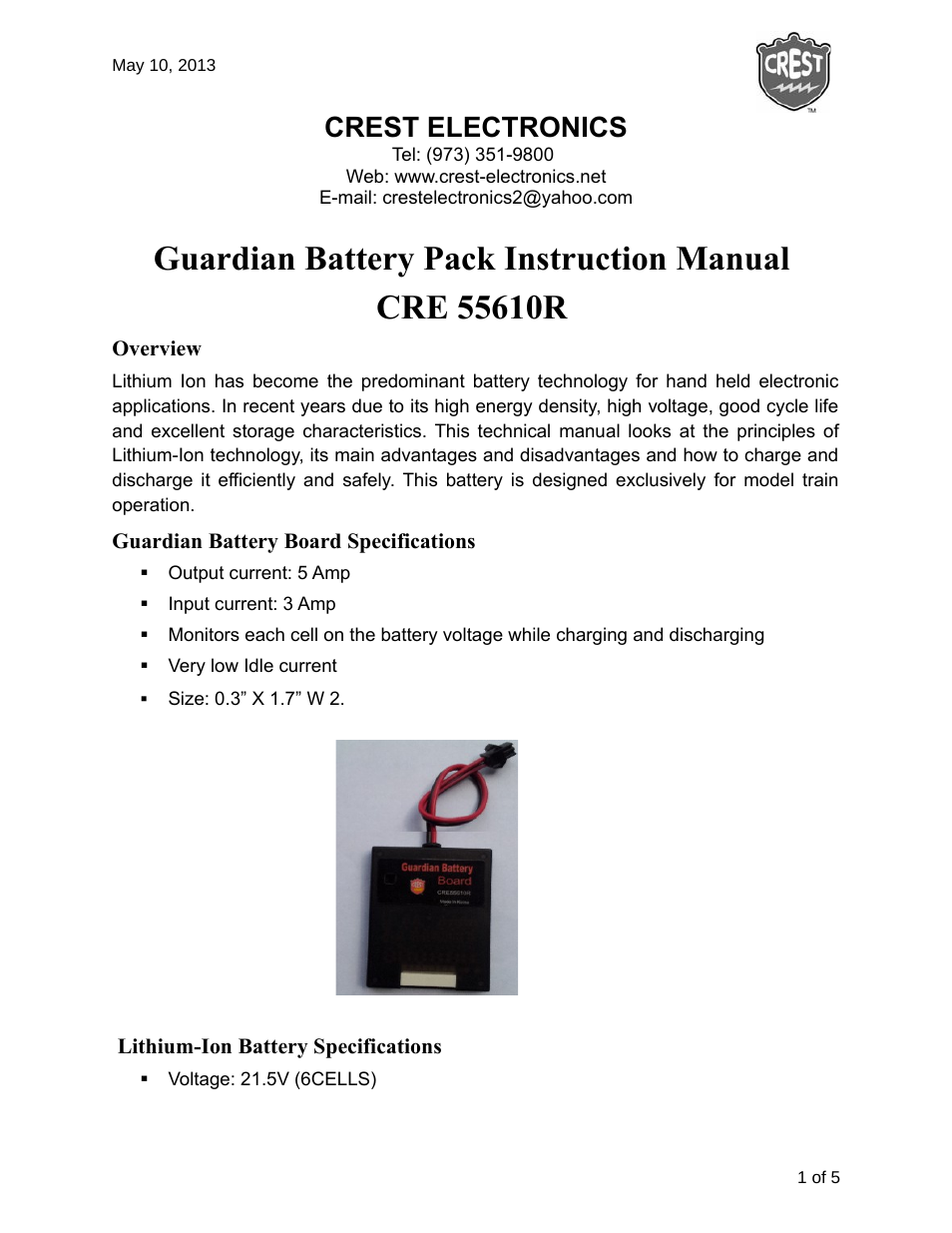 Crest Electronics CRE55610R GUARDIAN BATTERY CHARGER User Manual | 6 pages