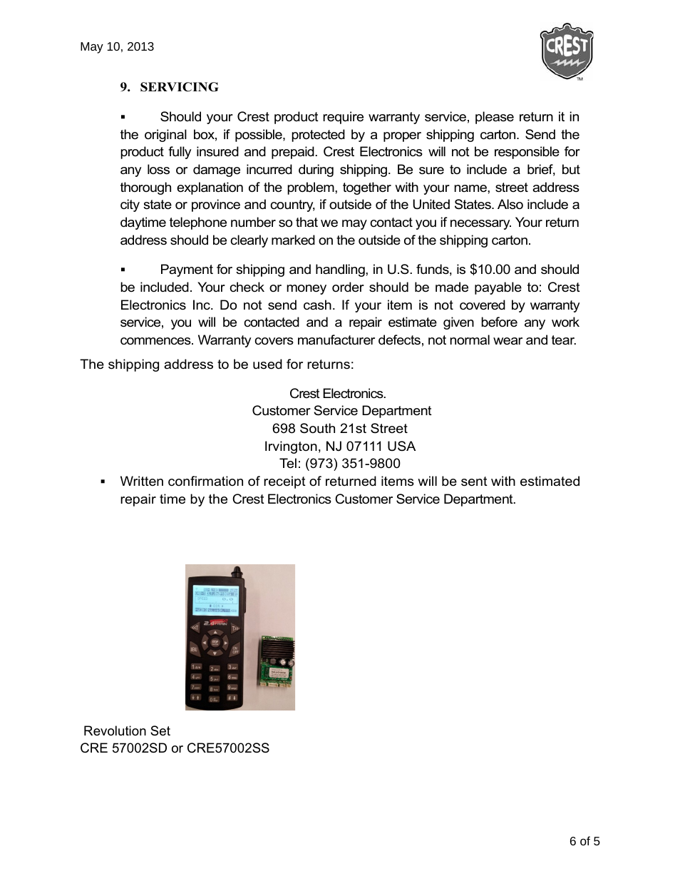 Crest Electronics CRE55610R GUARDIAN BATTERY CHARGER User Manual | Page 6 / 6