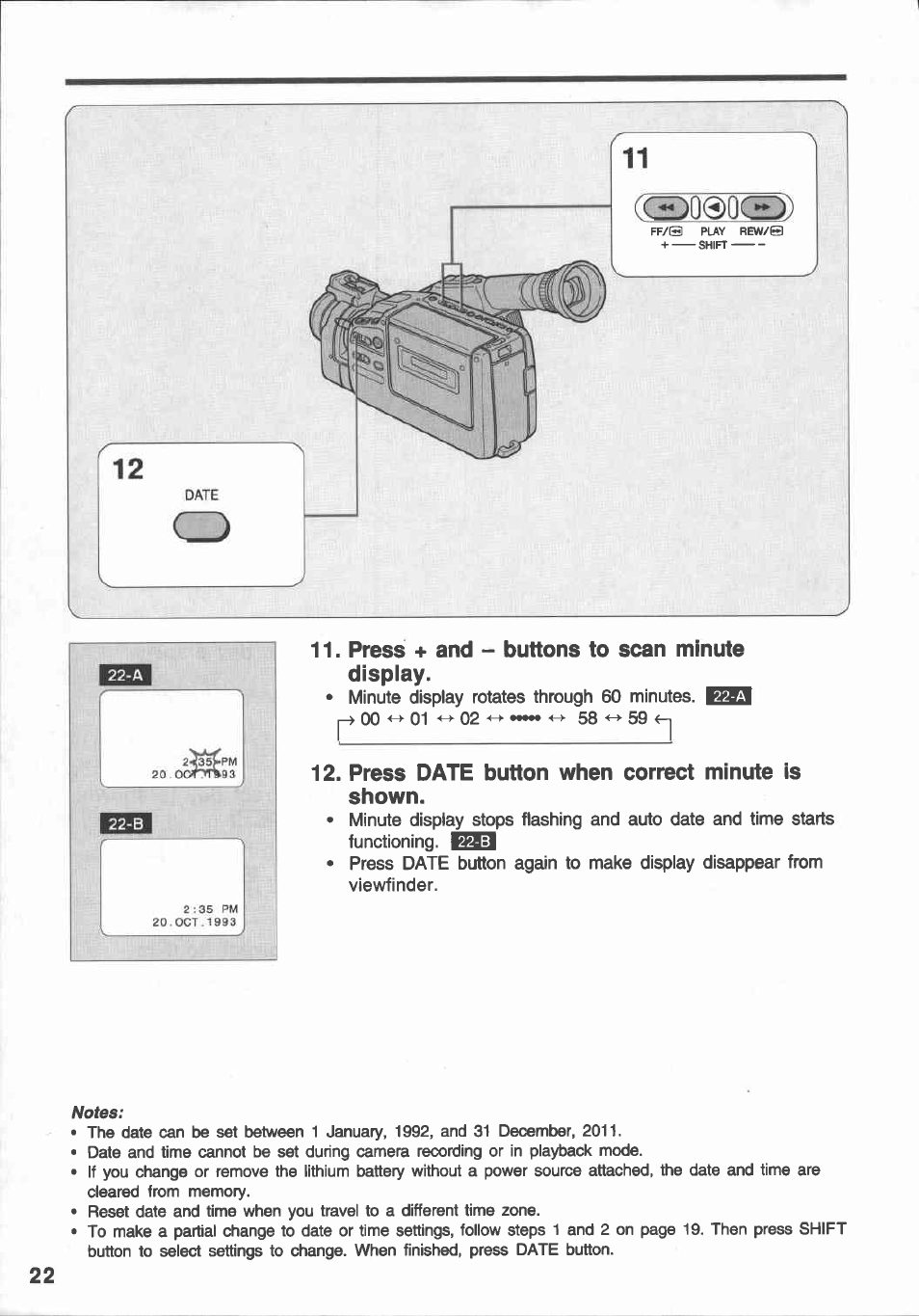 Press + and - buttons to scan minute display, Minute display rotates through 60 minutes. ^^9, Press date button when correct minute is shown | Canon E 430 User Manual | Page 24 / 86