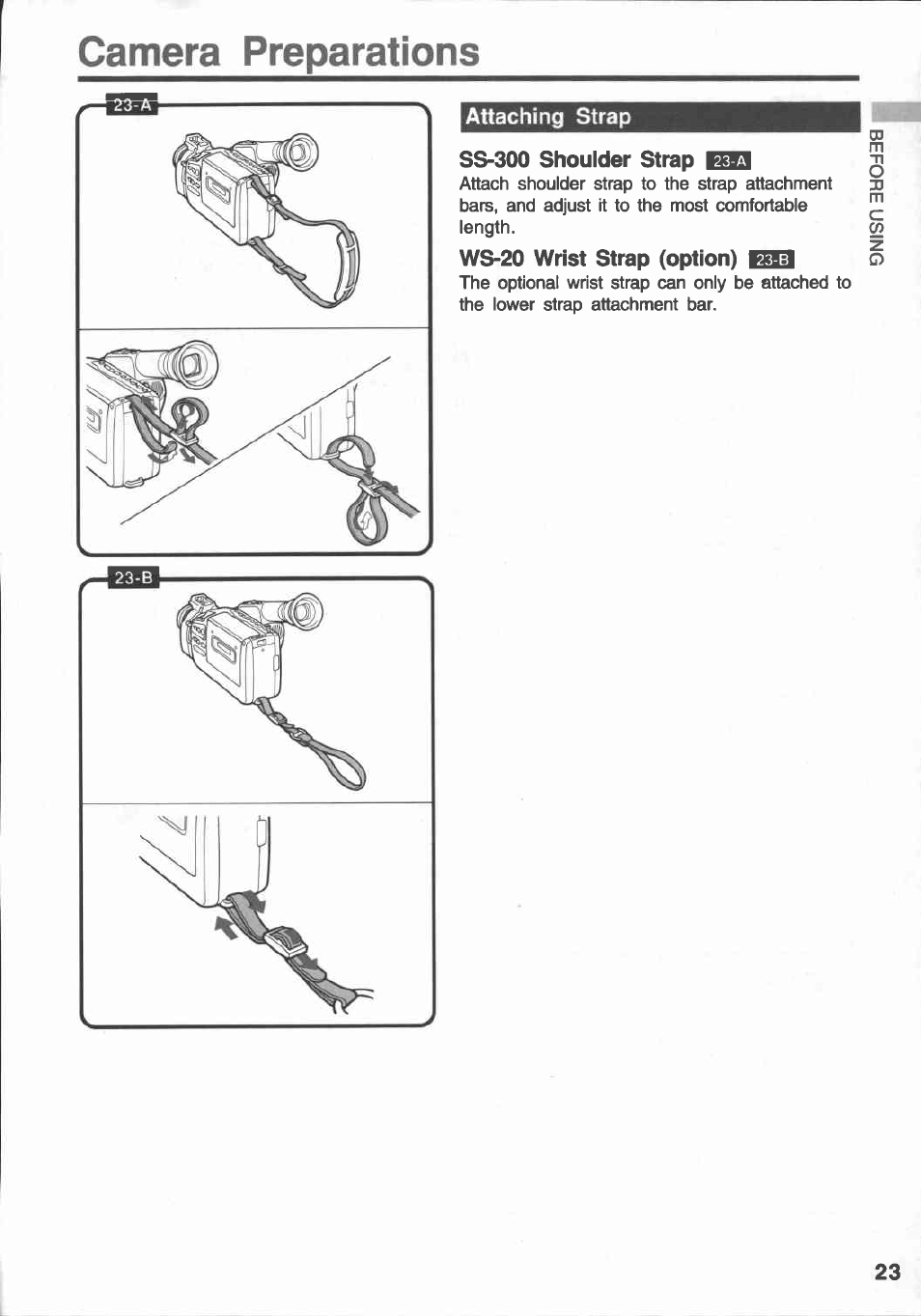 Camera preparations, Attaching strap, Ss-300 shoulder strap | Ws-20 wrist strap (option) @3 | Canon E 430 User Manual | Page 25 / 86